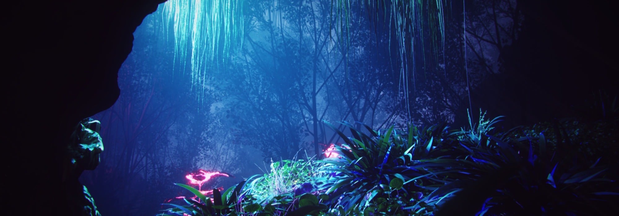Glowing jungle seen from inside a dark cave, a real-time 3D environment by CGSI student Aurora Coute