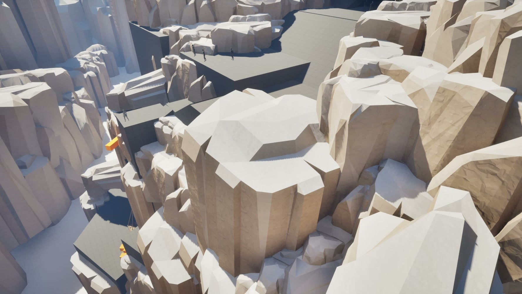 A game level in greybox blockout, every surface at the same value